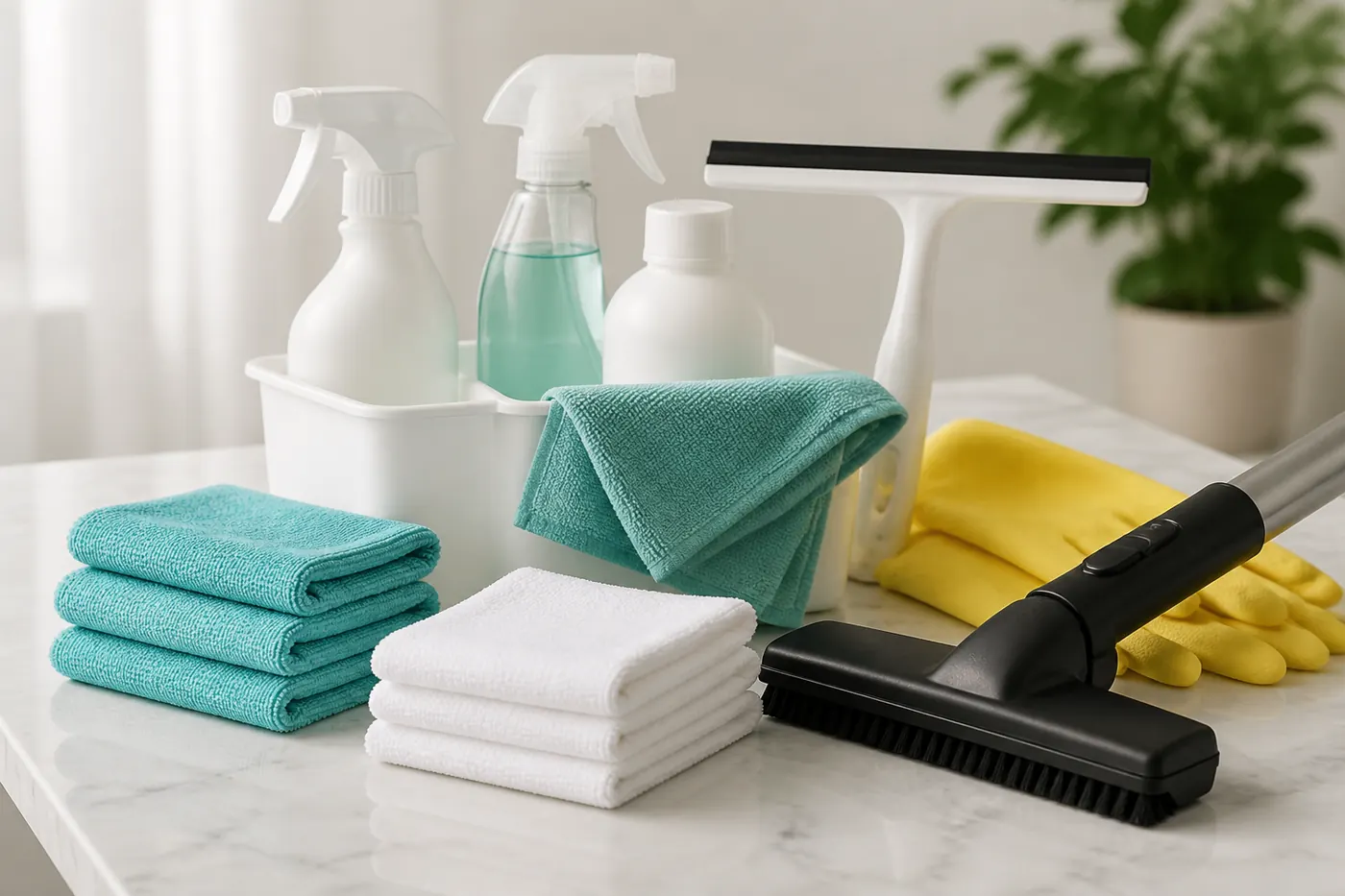 Cleaning kit with microfiber cloths, gloves, spray bottles and a vacuum nozzle on a table